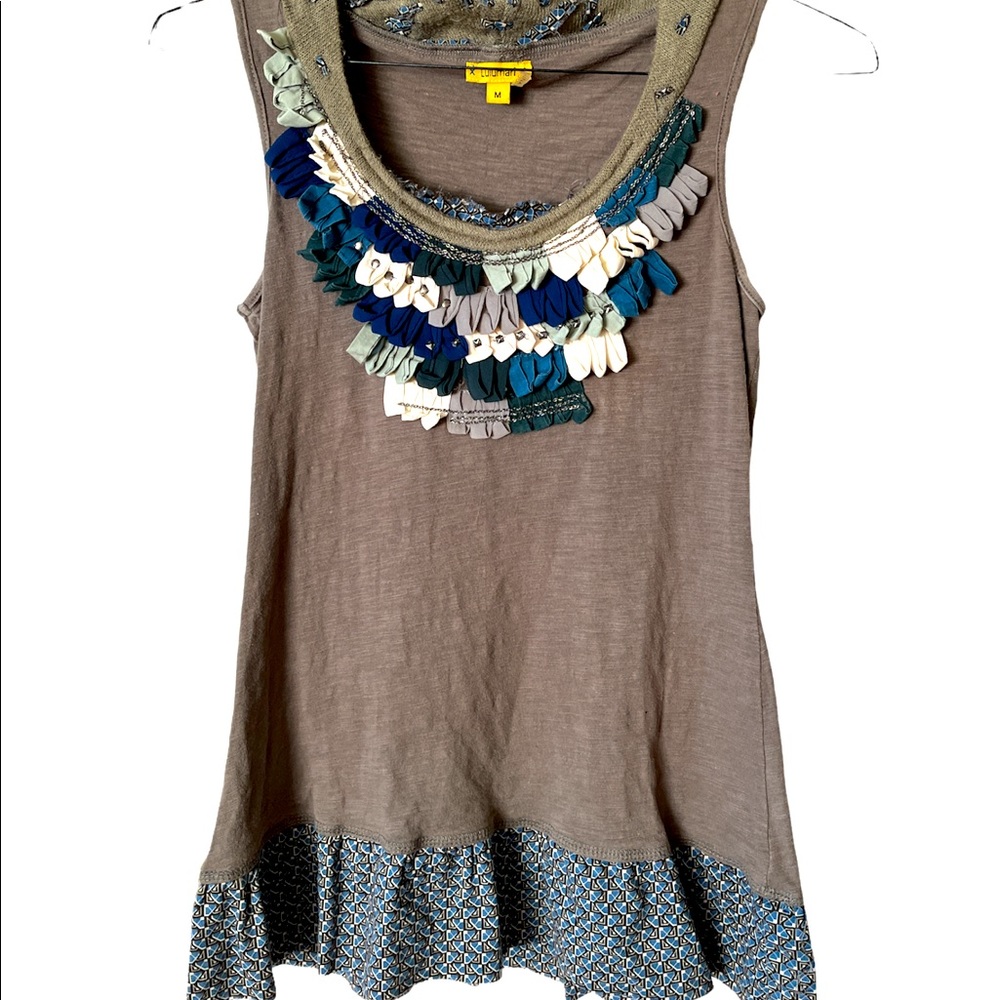Lulumari Boho Embellished Y2K Sleeveless Olive Greige Tank - Medium